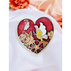 Cloisonne Butterfly Heart Brooch Vintage Flower Love Spring Floral Estate Pin